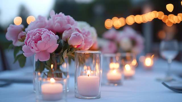 Votive Candles in Holders Pink peonies and votive candles in glass holders create an elegant and romantic centerpiece on an outdoor wedding reception table.