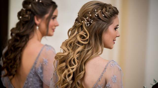 Waterfall Braid Bridesmaid with long cascading curls and a waterfall braid accented with tiny pearl pins, shown from the side in a soft lavender gown.