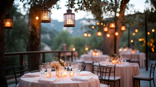 Weatherproof Lanterns Cluster of wine bottle tiki torches glowing beside pink flowers on a round outdoor wedding table with wooden chairs in the background.