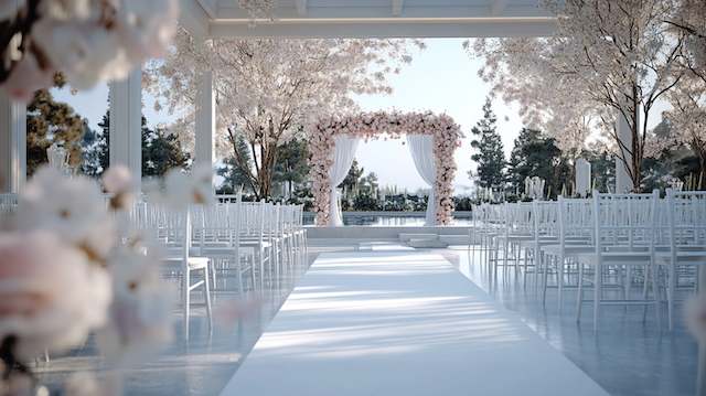 Wedding Ceremony Chairs: the 20 Trendiest Styles for Your Big Day 13 Outdoor wedding setup with a floral arch, white chairs, and a serene backdrop, creating an elegant and peaceful atmosphere