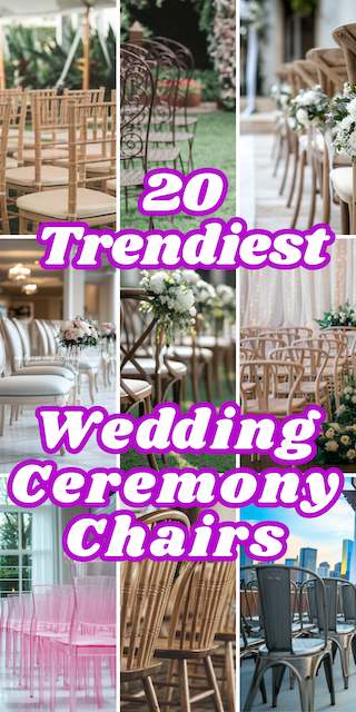 Wedding Ceremony Chairs Collage of trendy wedding chairs featuring various styles like cross-back, ghost, and bamboo, set against elegant backdrops.
