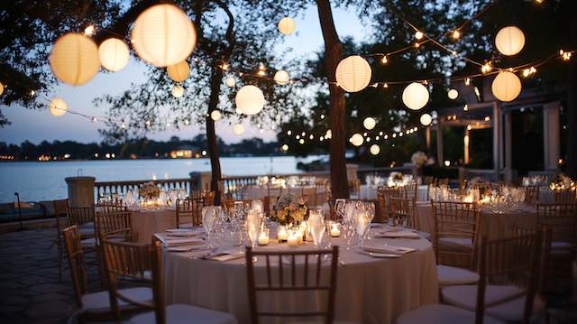 Wedding Lights Outdoor Outdoor wedding setup with glowing paper lanterns and string lights hanging above round tables, creating a warm, romantic ambiance by the lake.