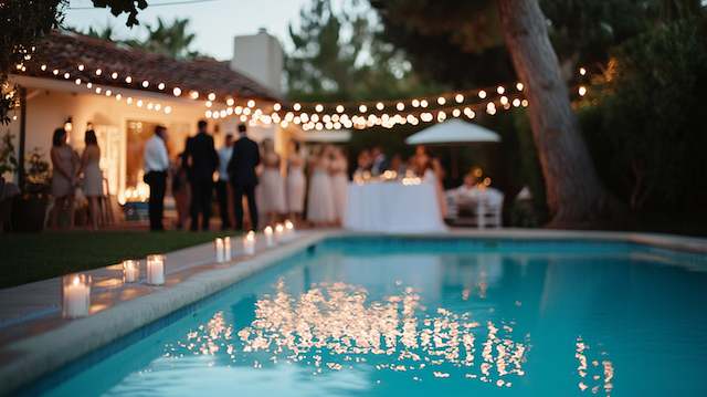 Well-maintained pool Elegant backyard wedding setting with string lights above, guests gathered around a pool, and soft candlelight enhancing the ambiance