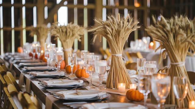 Wheat Bundles Rustic wedding table with upright wheat bundle centerpieces, mini pumpkins, candles, and elegant place settings in a warm barn setting.
