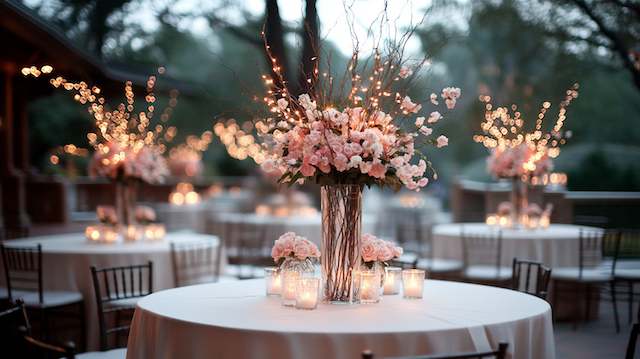 Willow Branch Lights Tall wedding centerpiece with pink florals, willow branches, and warm twinkle lights on round tables with candles at an outdoor reception.