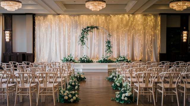 Wishbone Chairs Chairs with sleek iron frames and changeable seat cushions, featuring white and pink upholstery, offer versatile wedding seating options.