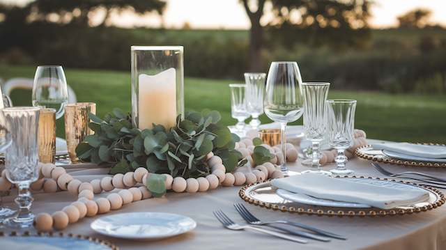 Wooden Bead Garlands Rustic wedding table with wooden bead garlands draped around a candle and eucalyptus centerpiece, surrounded by elegant glassware and chargers.