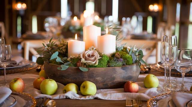 Wooden Dough Bowls Rustic wooden dough bowl centerpiece filled with moss, roses, eucalyptus, and pillar candles, surrounded by apples on an elegant wedding table.