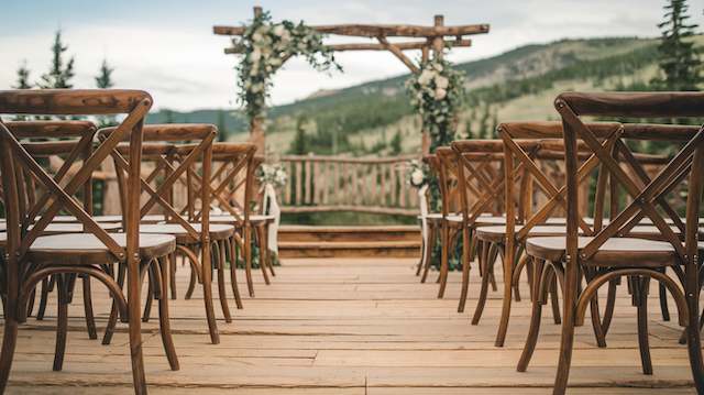 X-Back Chairs Rustic outdoor wedding setup with X-back chairs on a wooden deck, facing a floral arch and mountain scenery in the background.