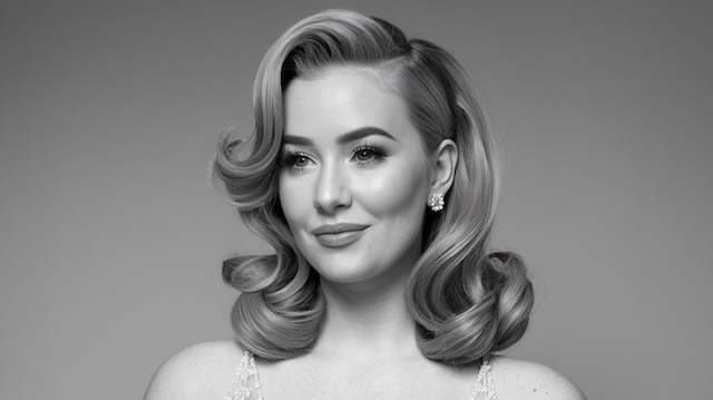 Hollywood Waves for Old-School Glamour Woman with vintage Hollywood waves styled in uniform S-shaped curls, wearing statement earrings and a glamorous off-shoulder gown.