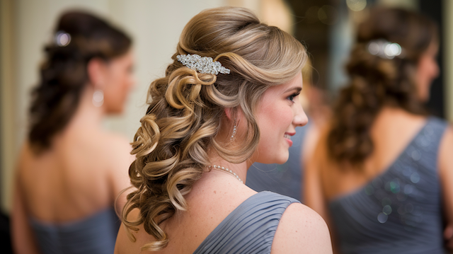 Side-Swept Curls Bridesmaid with side swept curls and a sparkly hair clip wearing a gray one shoulder dress, shown indoors with other bridesmaids in soft focus.