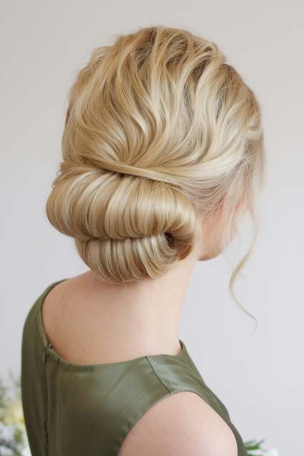 rolled updo Bridesmaid with a soft rolled updo featuring smooth tucked sections, shown from the back with loose face framing strands against a neutral backdrop.
