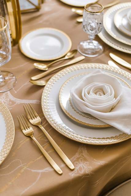 Brushed Gold Cutlery With Matte White Plates Luxurious table setting with gold-rimmed plates and flatware, featuring a napkin folded into a rose. Crystal glassware enhances the opulent look.