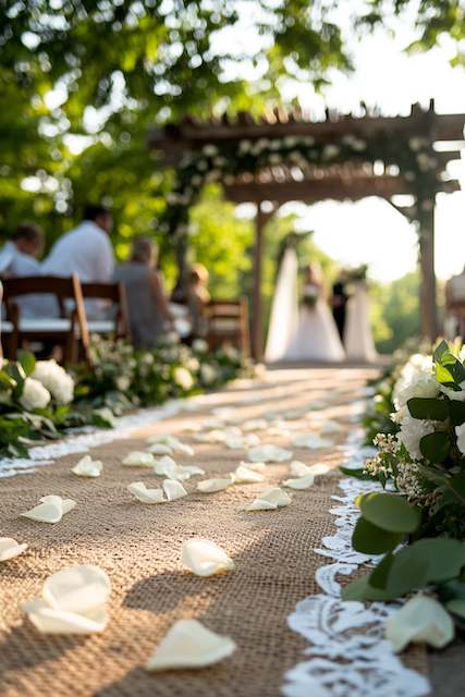 Burlap Aisle Runner A burlap aisle runner with scattered white rose petals leads to a pergola adorned with greenery at an outdoor wedding ceremony.