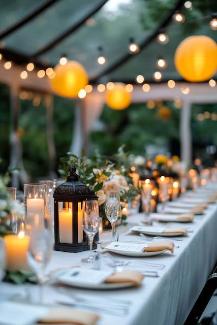 Candles And Lanterns A beautifully set outdoor table features candles, glassware, and floral arrangements under a canopy adorned with warm string lights and lanterns.