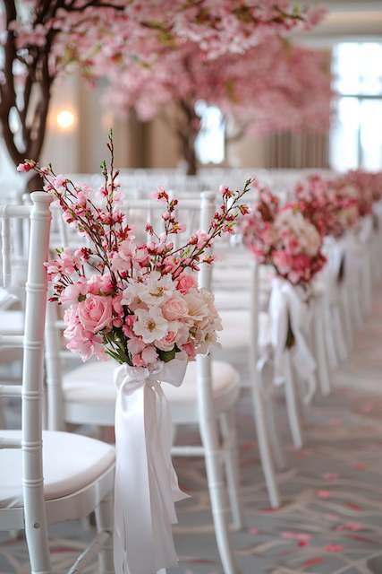 Chair Decor with Cherry Blossom Bouquets Chair Decor with Cherry Blossom Bouquets