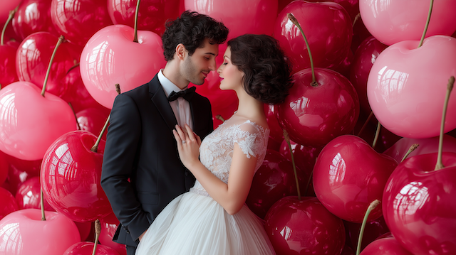 Wedding Decor 21 A bride and groom in formal attire standing against a backdrop of large, decorative pink and red cherries, creating a playful and romantic atmosphere.