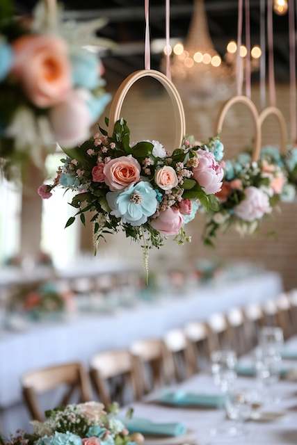 DIY Floral Hoops Hanging floral rings with peach and turquoise blooms create a whimsical and romantic decor above tables set for a wedding reception.