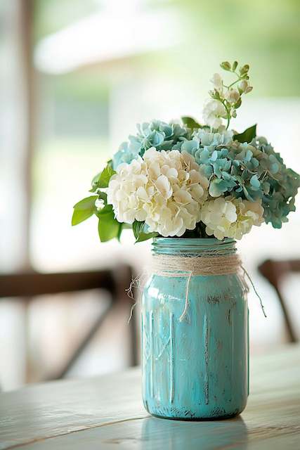 DIY Mason Jar Centerpieces Blue mason jar with twine, filled with white and blue hydrangeas, creating a charming, rustic floral centerpiece against a blurred background.