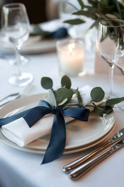 DIY Napkin Rings A white napkin tied with a navy ribbon and eucalyptus sprig sits elegantly on a plate, with a candle and glassware nearby for a classy table setting.