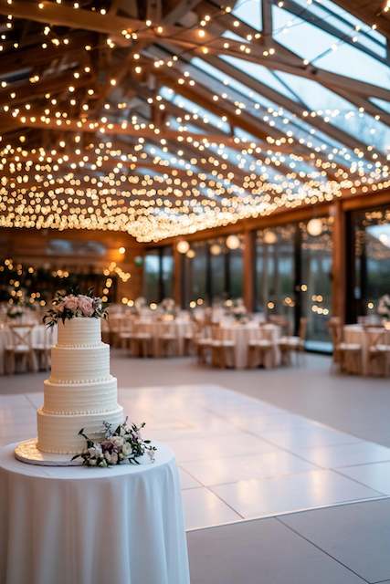 Fairy Lights Overhead A tiered white wedding cake with floral accents is set on a table beneath a ceiling adorned with twinkling string lights in an elegant venue with large windows.