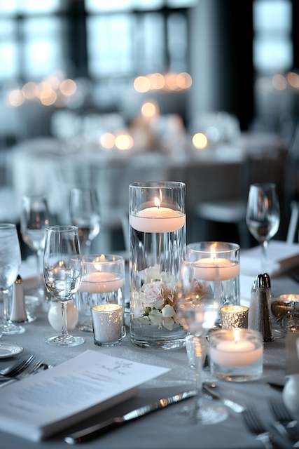 Floating Candle Centerpieces Floating candles in clear glass vases create an elegant centerpiece, casting a warm glow over tables set with fine glassware.