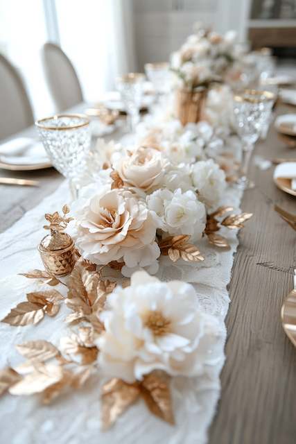 Floral Runner With Metallic Accents A lush floral table runner features white roses and gold leaves on a wooden table, enhancing an elegant and luxurious setting.