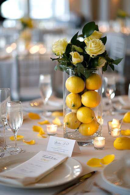 Fruit-Infused Decor Tall glass vase centerpiece filled with bright lemons and topped with yellow roses and greenery, surrounded by candles and petals on the table.