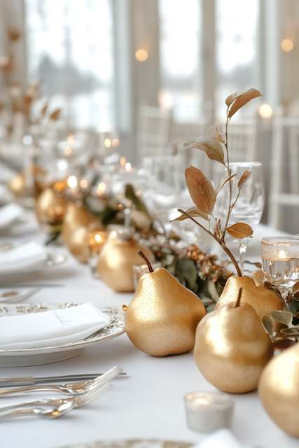 Gilded Fruit Accents A sophisticated table setting with gold-painted pears and leaves as decor. Crystal glassware and greenery complete the elegant, warm ambiance.