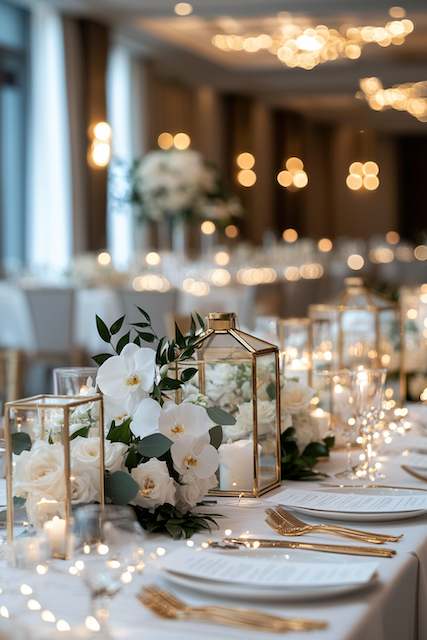 Gilded Geometric Mini terrariums Elegant table with gold lanterns, white floral arrangements, and fairy lights, creating a warm and sophisticated ambiance in a luxurious venue.