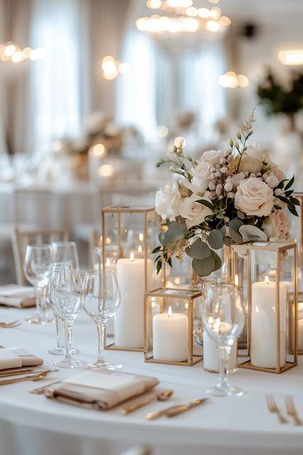 Gold-Dipped Lantern Clusters Elegant table setting with a centerpiece of white roses and greenery, surrounded by gold lanterns with candles. Glassware and gold flatware complete the sophisticated look.