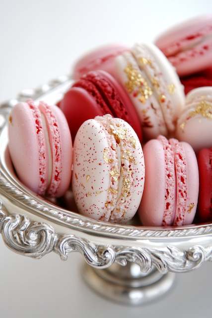 Gold-Sprinkled Macarons A selection of pink and white macarons with gold accents sits elegantly in a silver dish. The delicate gold detailing adds a touch of luxury.