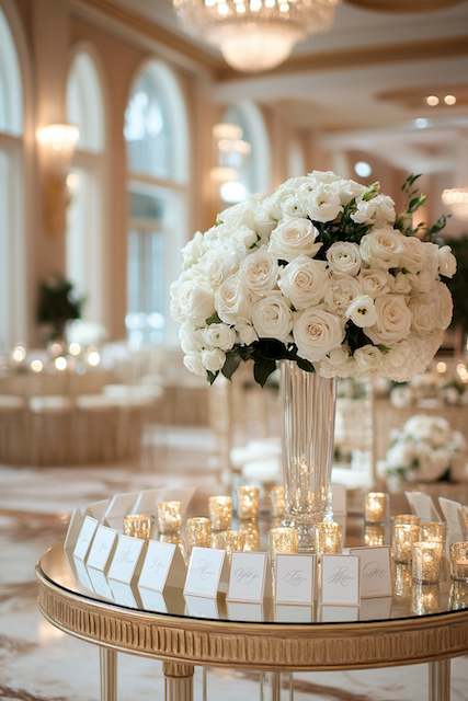 Gold-Mirrored Escort Card Display A luxurious floral arrangement of white roses in a tall glass vase is surrounded by small votive candles and cardholders, creating an elegant display in a sophisticated venue.