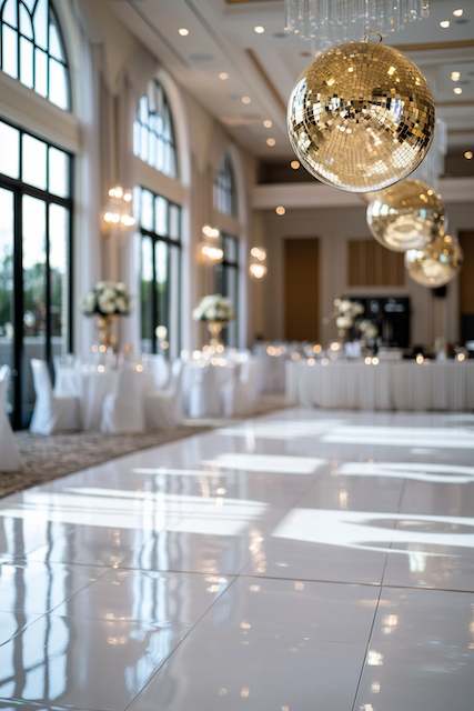 Golden Disco Balls Elegant ballroom with gold disco balls suspended above a polished dance floor. Tables with white linens and tall floral centerpieces line the room, creating a luxurious ambiance.