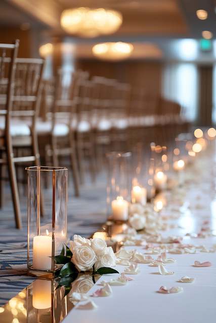 Golden Mirror Foil Framed Aisle A wedding aisle lined with white and gold wedding decor including rose petals and tall glass candles, creating a romantic and elegant atmosphere. Rows of chairs flank the aisle.
