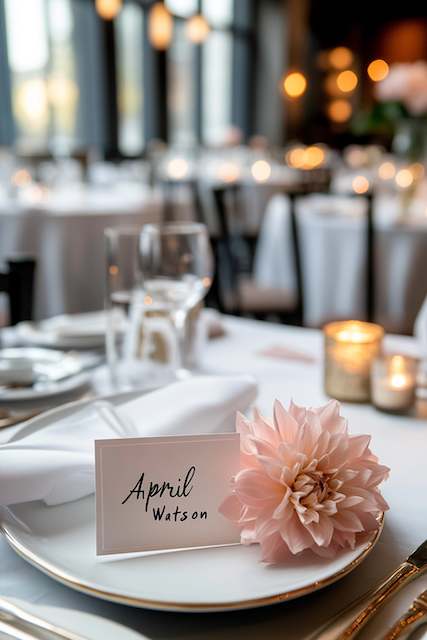 Handwritten Place Cards A table setting featuring a place card and a pink dahlia on a plate, surrounded by elegant glassware and a warm candlelight ambiance.