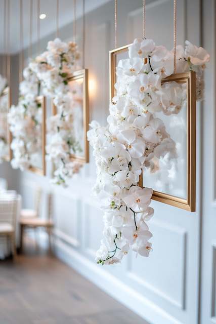 Hanging Gold Frames With White Florals Floating gold frames filled with cascading white orchids create a stunning visual display. The suspended arrangements add elegance and depth to the venue.