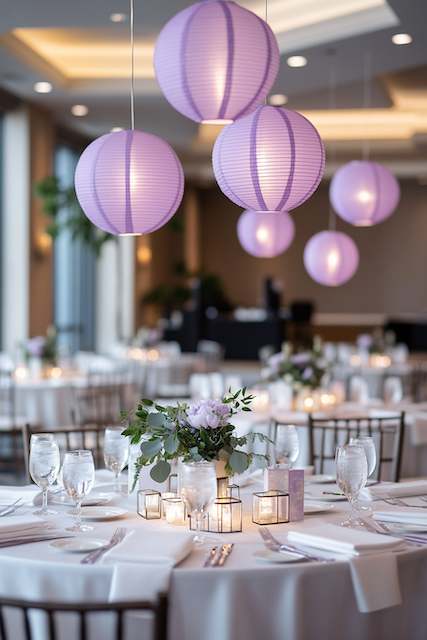 Hanging Lanterns Lavender paper lanterns hang over tables adorned with candles and floral centerpieces, creating a soft and romantic ambiance in the venue.