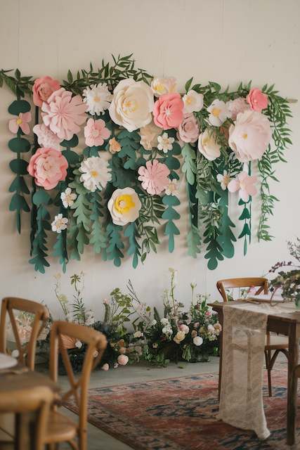 A wall adorned with large paper flowers in soft pinks, whites, and greens, creating a whimsical and vibrant decoration against a neutral background. Hanging Paper Flowers