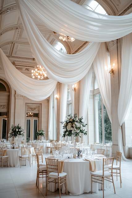 Luxurious Drapery Grand ballroom with high ceilings and chandeliers, featuring white drapery and gold chairs, creating an elegant atmosphere for a wedding.