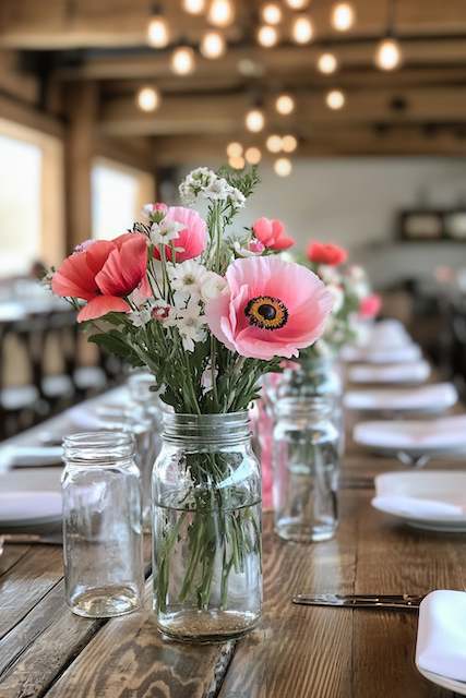 Mason Jars Filled With Wildflowers Mason jar with vibrant pink poppies and white wildflowers serves as a simple and charming centerpiece on a rustic wooden table setting.
