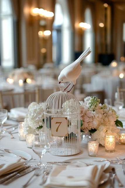 Mini White Birdcage Table Numbers A white birdcage with a table number and a decorative bird sits as a centerpiece, surrounded by flowers and candles, creating an elegant and romantic table setting.