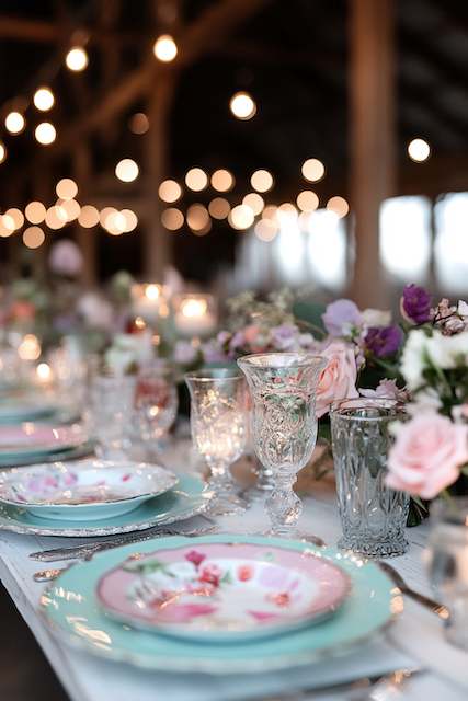 Mismatched Vintage Plates And Glassware Porcelain plates with floral designs and turquoise accents set alongside crystal glassware form an elegant and vintage table setting, enhanced by soft bokeh lighting in the background.
