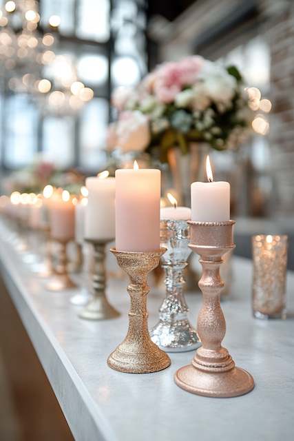 Mixed-Metal Candle Groupings A row of candleholders in gold and silver, with varying heights, holds lit white candles. A soft-focus floral arrangement adds elegance.