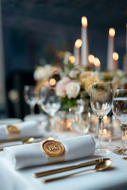 Personalized Gold Wax Seals On Napkins.. An elegant table setting with custom gold wax-sealed napkins, surrounded by glassware and lit by candles, creating a romantic atmosphere.