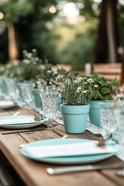 Potted Herbs Tables adorned with turquoise pots holding herbs and white flowers create a fresh, rustic setting. Crystal glassware complements the natural decor.