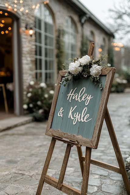Recycled Materials For Signs A rustic wooden sign on an easel with floral accents, located outside a venue with stone walls and large windows, creating a charming entrance.