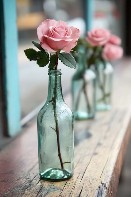 Recycled Wine Bottles As Vases A delicate pink rose displayed in a vintage glass bottle on a wooden table, creating a simple yet elegant centerpiece.