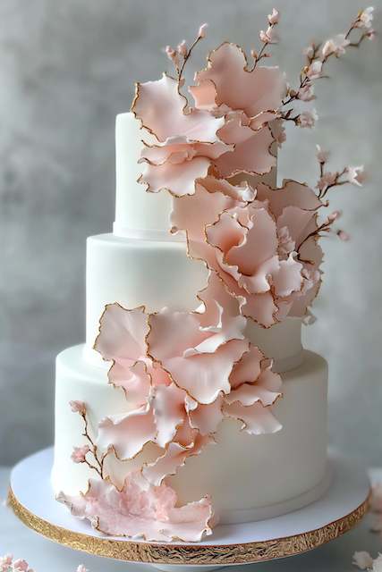 Ruffled Wedding Cake With Gold Edging A three-tier white wedding cake with delicate pink ruffles and gold-edged accents. Elegant floral decorations cascade down, adding a luxurious touch.