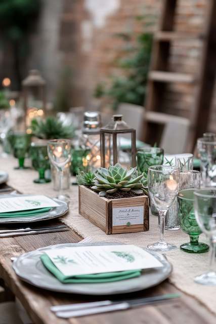 Succulent Planters Rustic table setup with wooden planters holding succulents and lanterns, surrounded by green glassware and neutral tableware for a natural, charming ambiance.